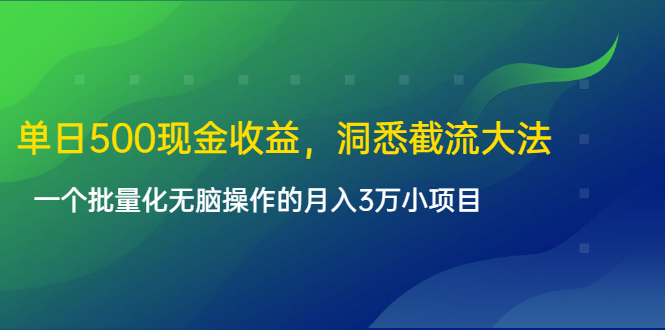 单日500现金收益，洞悉截流大法，一个批量化无脑操作的月入3万小项目-吗喽副业资源站