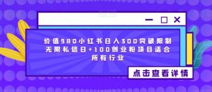 价值980小红书日入300突破限制无限私信日+100创业粉项目适合所有行业-吗喽副业资源站