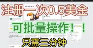 国外项目注册一次0.5美金，只需三分钟无脑操作，可批量同时放大操作，小白工作室福利【揭秘】-吗喽副业资源站