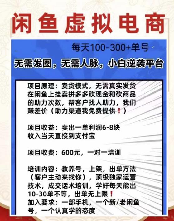 外边收费600多的闲鱼新玩法虚似电商之拼多多助力项目，单号100-300元-吗喽副业资源站