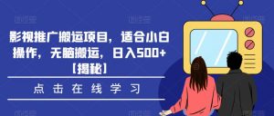 影视推广搬运项目，适合小白操作，无脑搬运，日入500+【揭秘】-吗喽副业资源站