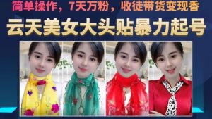 云天美女大头贴暴力起号教学，简单操作，7天万粉，收徒带货变现香-吗喽副业资源站