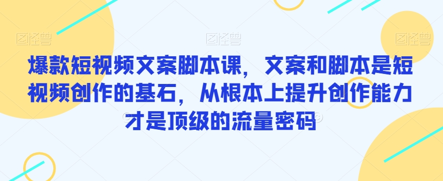 爆款短视频文案脚本课，文案和脚本是短视频创作的基石，从根本上提升创作能力才是顶级的流量密码-吗喽副业资源站