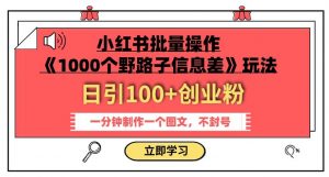 小红书批量操作《1000个野路子信息差》玩法，一分钟制作一个图文，不封号，日引100+创业粉-吗喽副业资源站