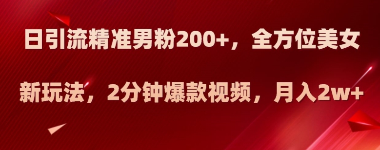 日引流精准男粉200+，全方位美女新玩法，2分钟爆款视频，月入2w+【揭秘】-吗喽副业资源站