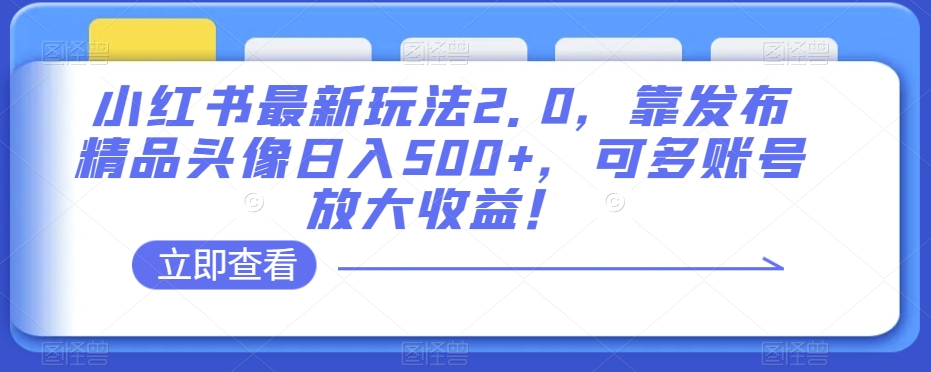 小红书最新玩法2.0，靠发布精品头像日入500+，可多账号放大收益！【揭秘】-吗喽副业资源站