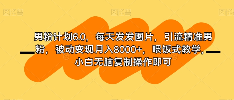 男粉计划6.0，每天发发图片，引流精准男粉，被动变现月入8000+，喂饭式教学，小白无脑复制操作即可-吗喽副业资源站