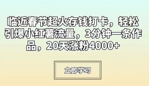 临近春节超火存钱打卡,轻松引爆小红薯流量,3分钟一条作品,20天涨粉4000+【揭秘】-吗喽副业资源站