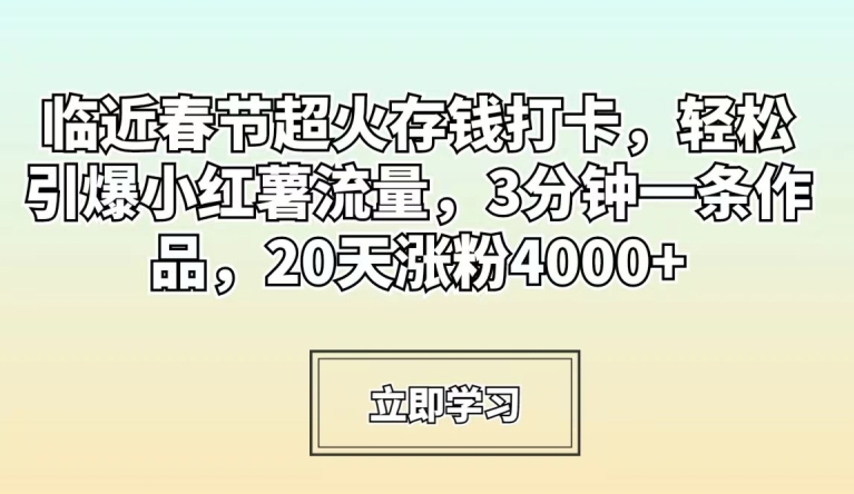 临近春节超火存钱打卡，轻松引爆小红薯流量，3分钟一条作品，20天涨粉4000+【揭秘】-吗喽副业资源站