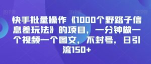 快手批量操作《1000个野路子信息差玩法》的项目，一分钟做一个视频一个图文，不封号，日引流150+【揭秘】-吗喽副业资源站
